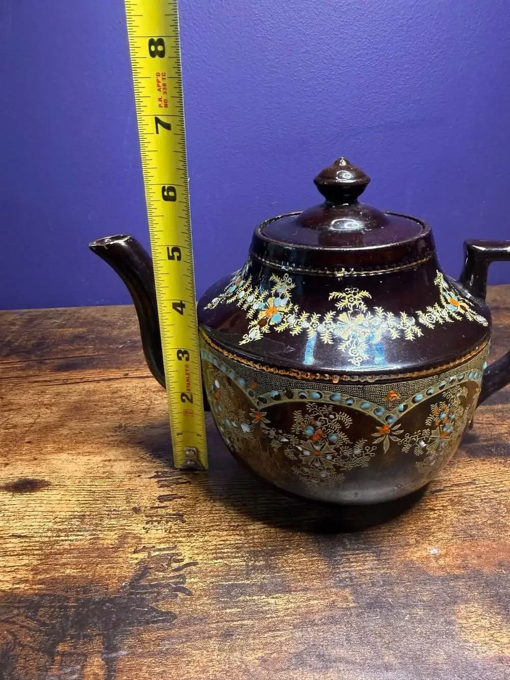 Vintage Brown Glazed Ceramic Teapot Gold Moriage Floral Beading Made in England